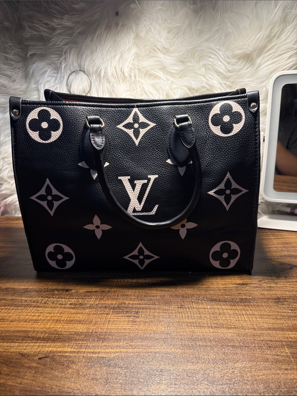 Black Monogram Print Leather Tote